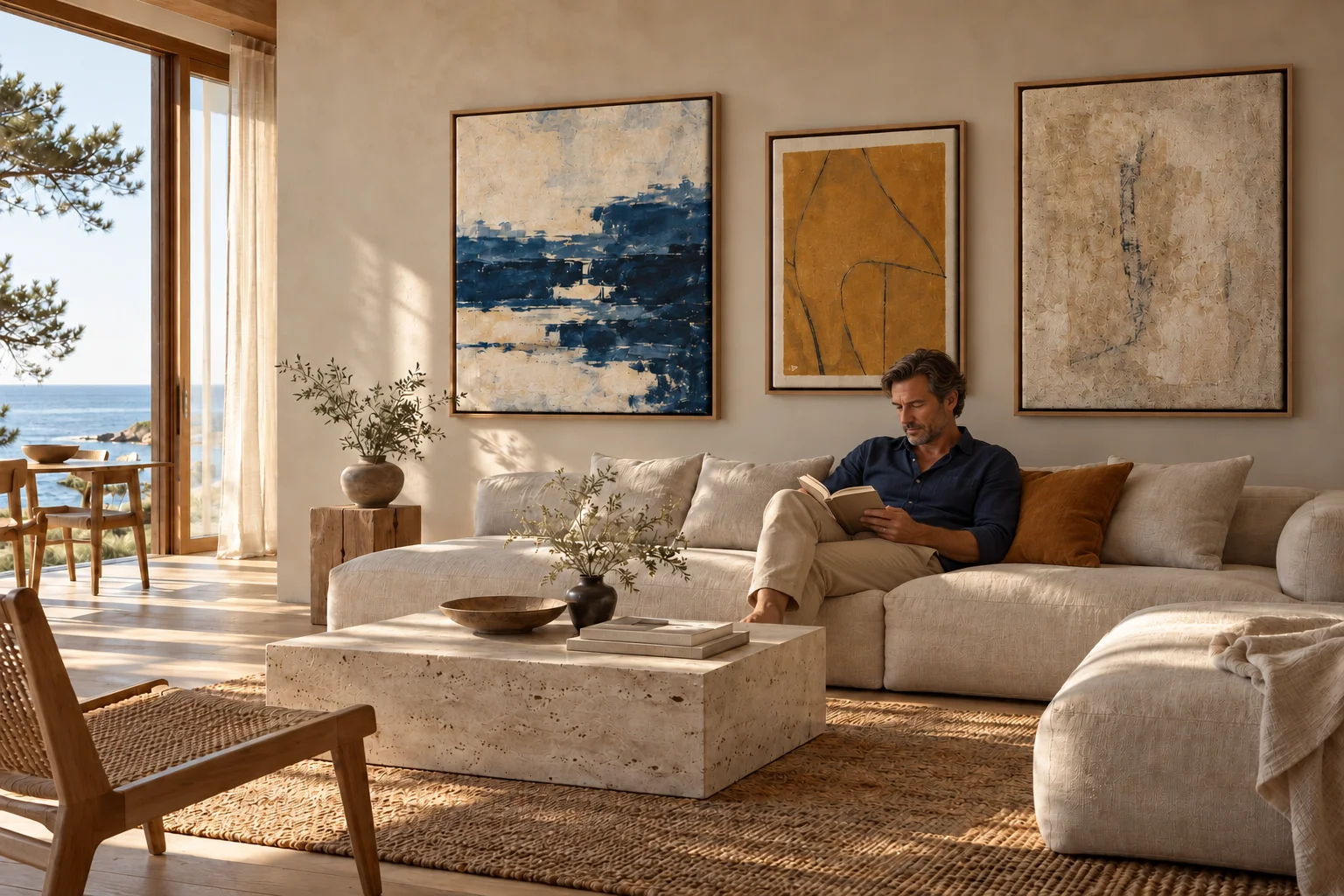 Ein Hauch Küste. Blau, Sand und ein kleiner Ockerton verbinden die Bilder mit dem Sofa und den Naturmaterialien.