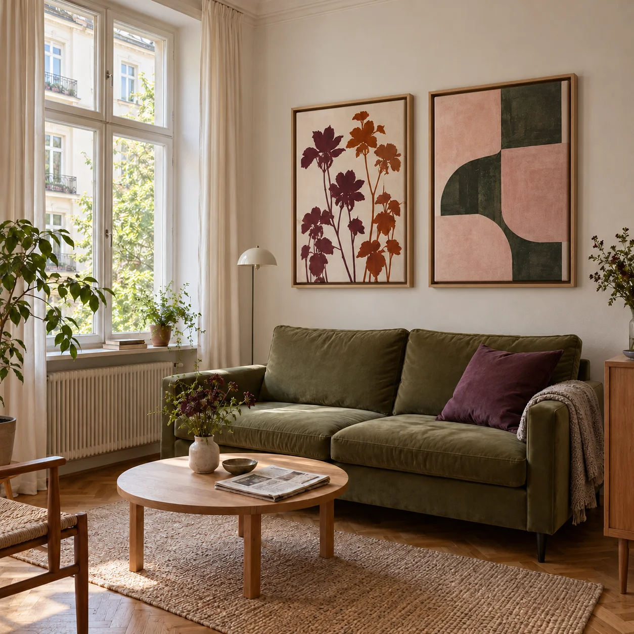 Altbau, neu gesehen. Botanische Formen und eine ruhige Abstraktion nehmen Grün und Pflaume aus dem Wohnbereich auf. Helle Holzrahmen verbinden beide Motive.